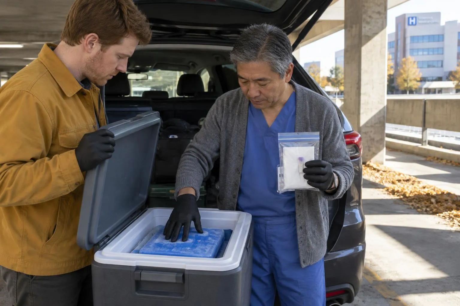 A lab supervisor tests a frozen gel pack in a courier's open cooler at an SUV tailgate in a sunlit hospital parking structure.